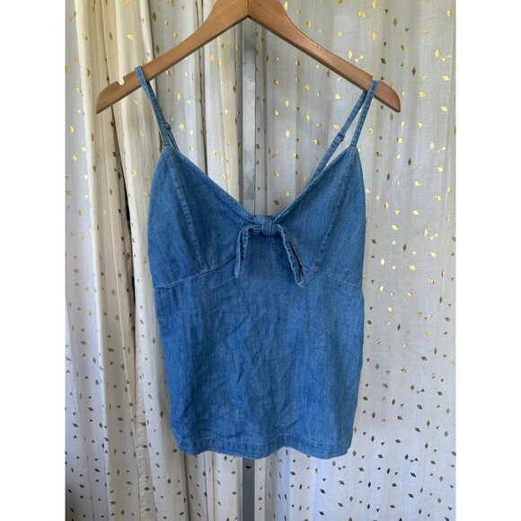 Old Navy Chambray Denim 100% Cotton Front Tie Smocked Back Adjustable Cami Top S - Picture 2 of 5